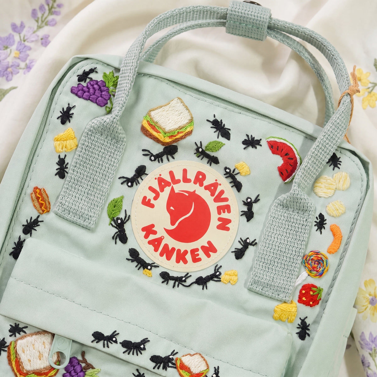 Fjallraven Kanken Hand Embroidered Picnic Backpack | Cute Food and Ants Bag | Outdoor Picnic Vibe Backpack | Unique Picnic Gift