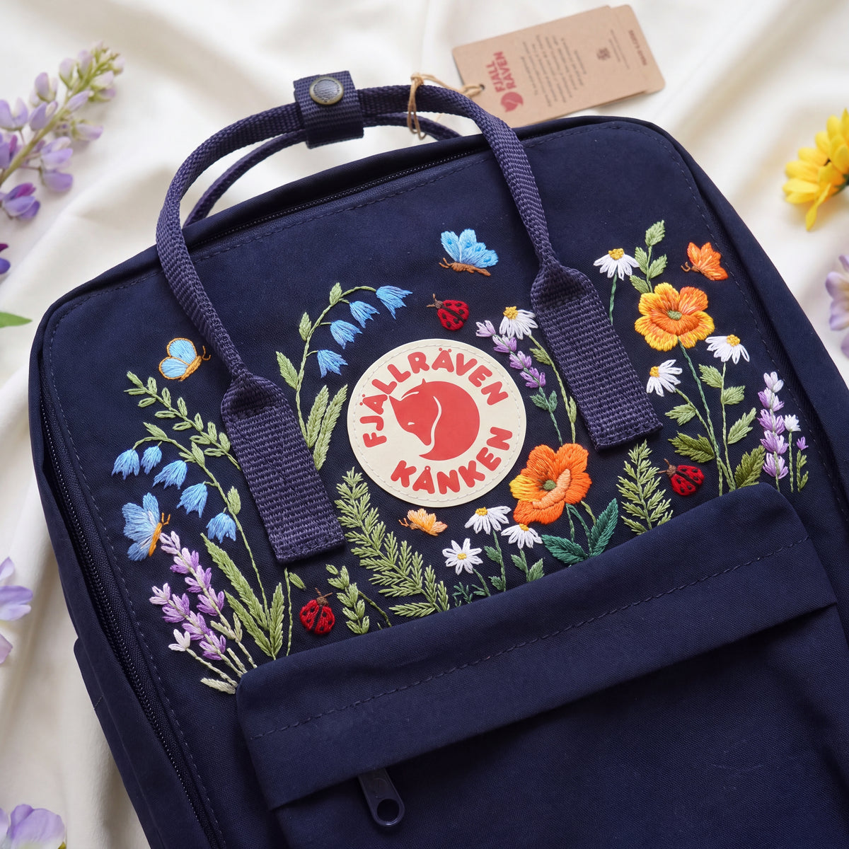 Fjallraven Kanken Wildflower Embroidered Backpack | Poppy Bluebell Daisy Floral Kanken Bag | Butterfly Ladybug Garden Design |Shool Backpack