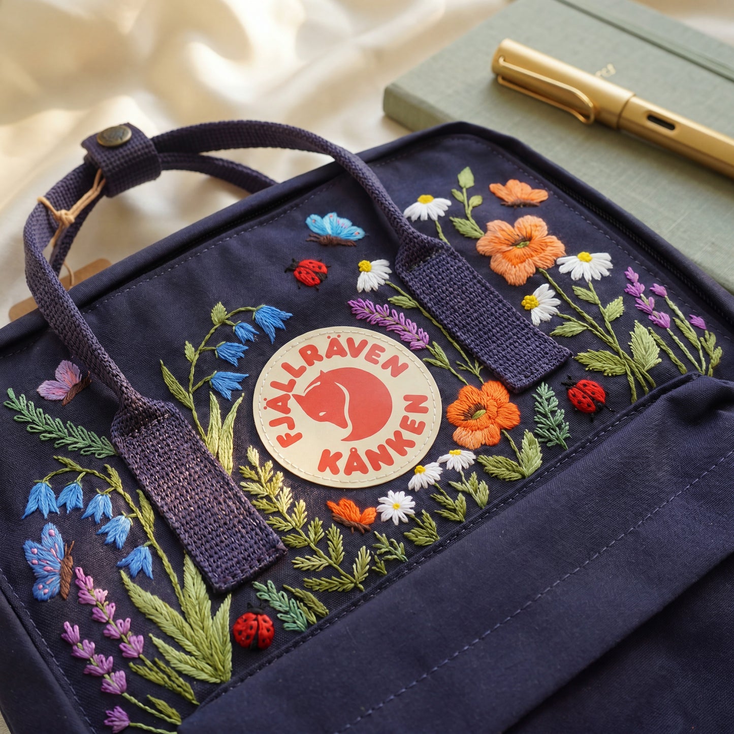 Fjallraven Kanken Wildflower Embroidered Backpack | Poppy Bluebell Daisy Floral Kanken Bag | Butterfly Ladybug Garden Design |Shool Backpack