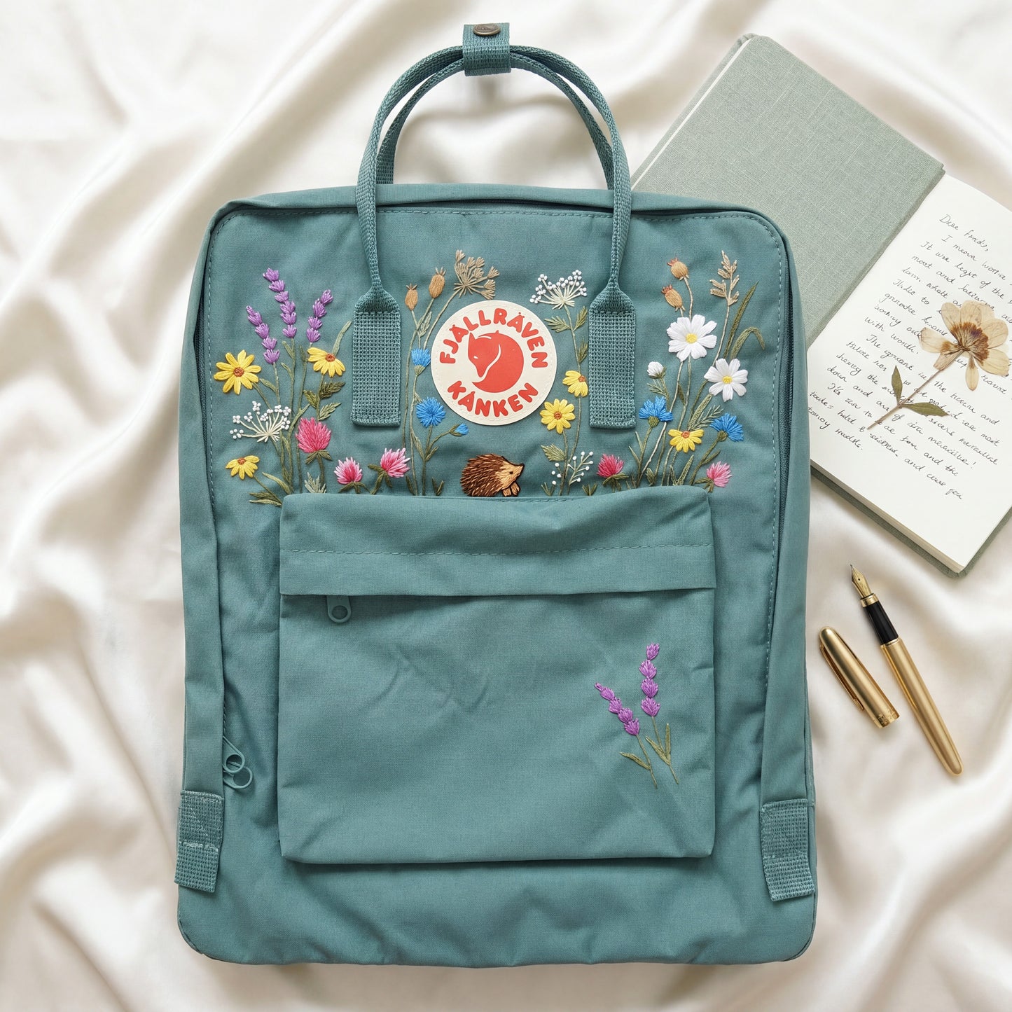 Custom Embroidered Fjallraven Kanken Backpack with Wildflowers & Hedgehog | Handmade School Backpack | Personalized Floral Travel Bag Gift
