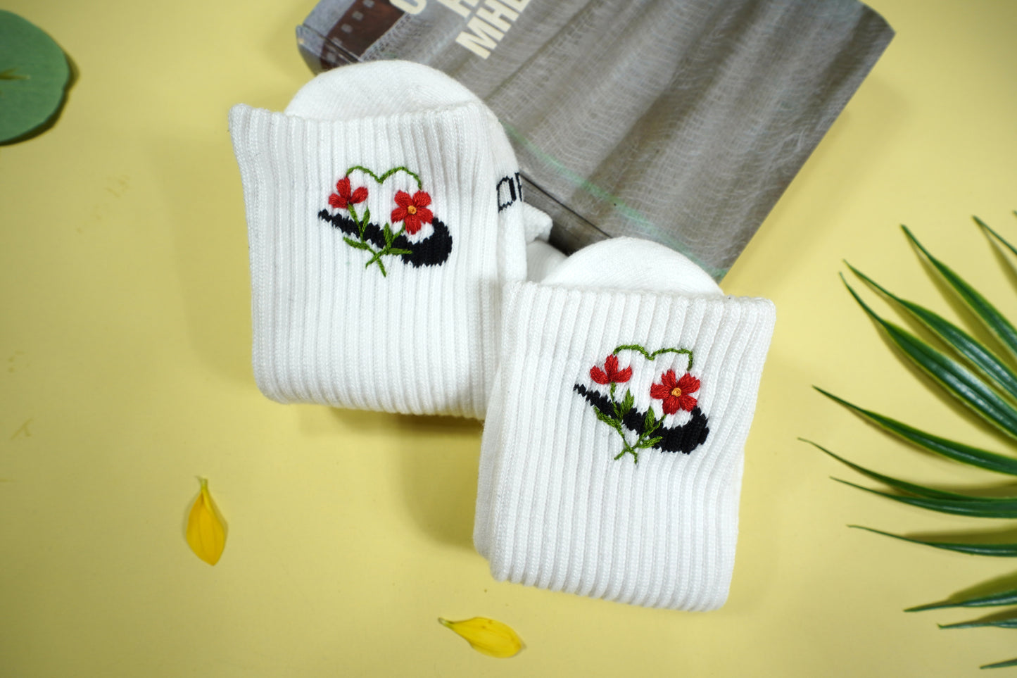 Wildflower embroidered design on socks