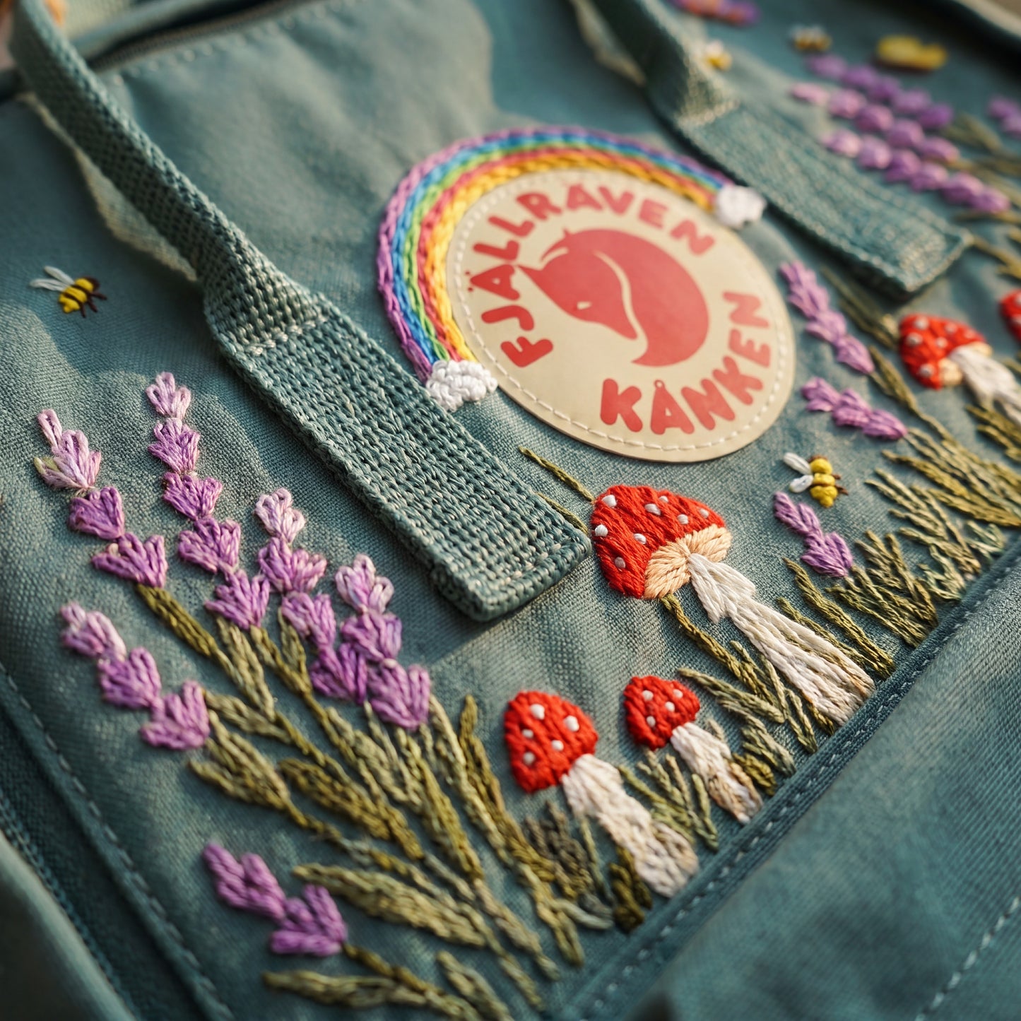 Embroidered Lavender Mushroom Fjallraven Kanken Backpack | Lavender Mushroom Cottagecore Backpack | Cute Rainbow Floral School Bag