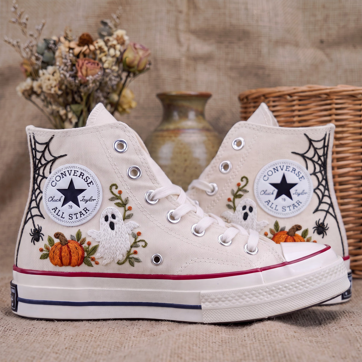 Converse Hand Embroidered Crown Skull Bat Shoes | Halloween Spider Web High Tops | Gothic Autumn Sneakers | Unique Halloween Gift
