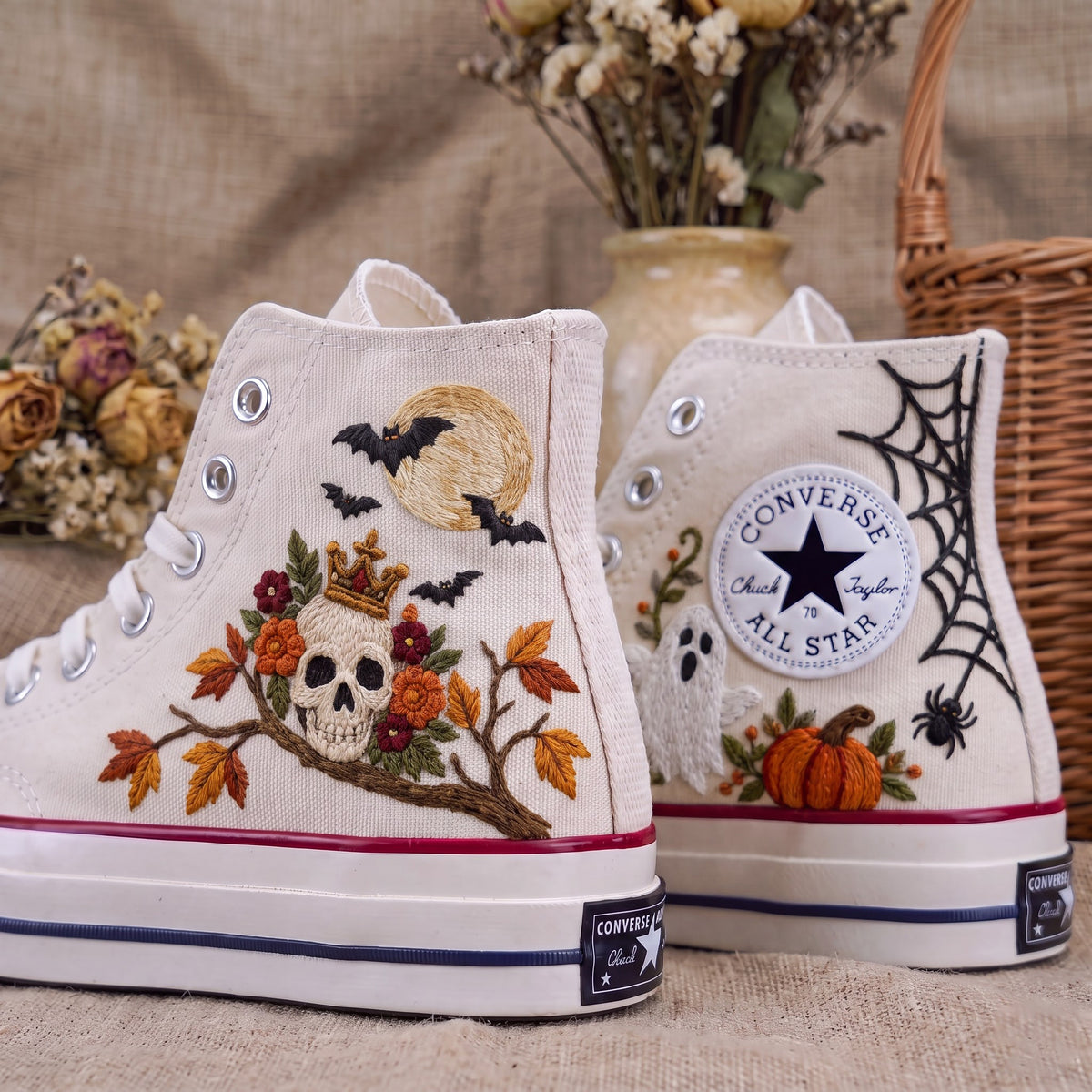 Converse Hand Embroidered Crown Skull Bat Shoes | Halloween Spider Web High Tops | Gothic Autumn Sneakers | Unique Halloween Gift