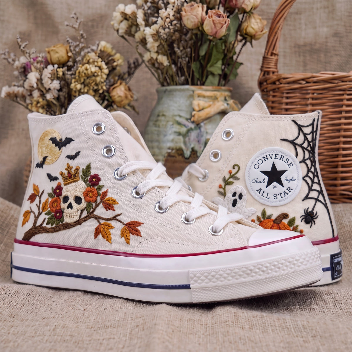 Converse Hand Embroidered Crown Skull Bat Shoes | Halloween Spider Web High Tops | Gothic Autumn Sneakers | Unique Halloween Gift