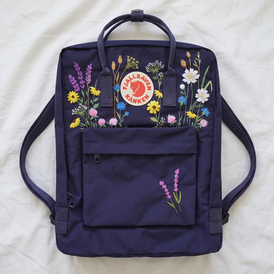 Custom Embroidered Fjallraven Kanken Backpack Wildflower | Fjallraven Kanken Travel Backpack| Handmade Cottagecore School Bag| Wildflower Bag