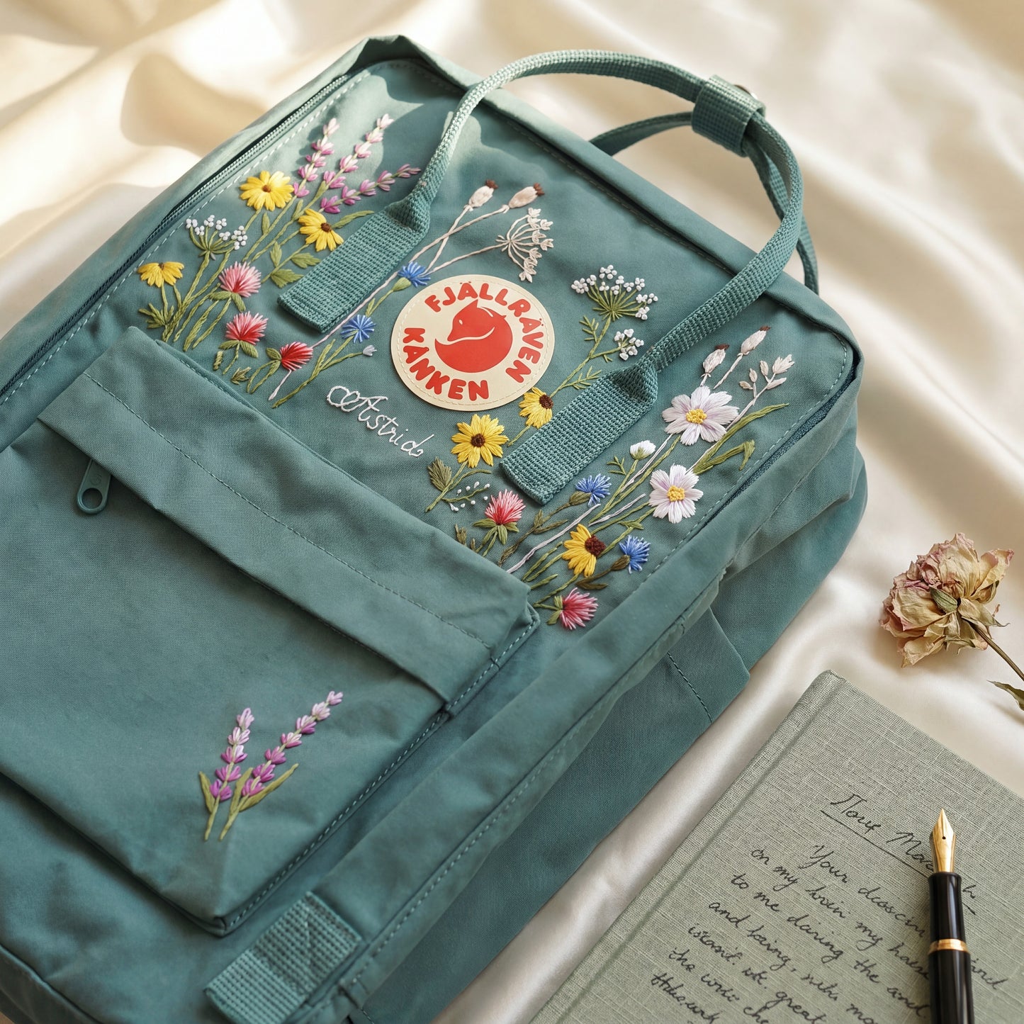 Custom Embroidered Fjallraven Kanken Backpack Wildflower | Fjallraven Kanken Travel Backpack| Handmade Cottagecore School Bag|Wildflower Bag