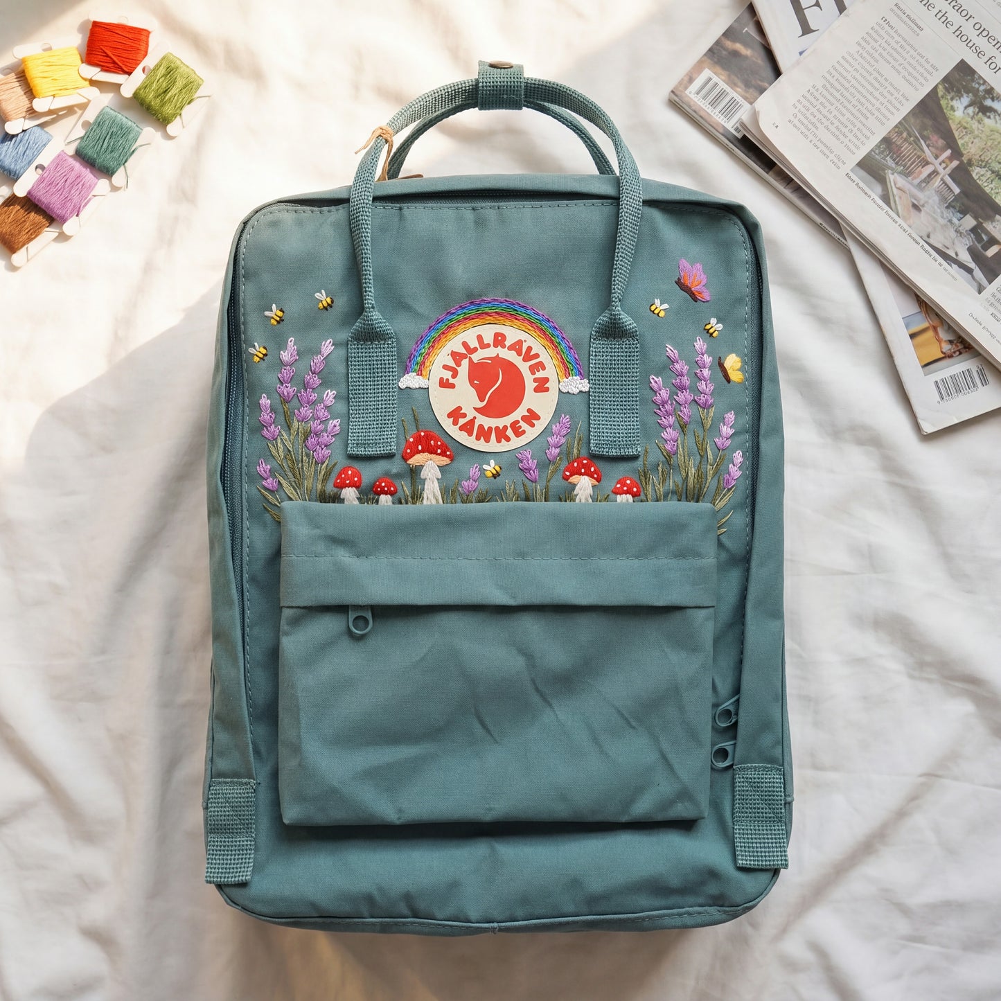 Embroidered Lavender Mushroom Fjallraven Kanken Backpack | Lavender Mushroom Cottagecore Backpack | Cute Rainbow Floral School Bag