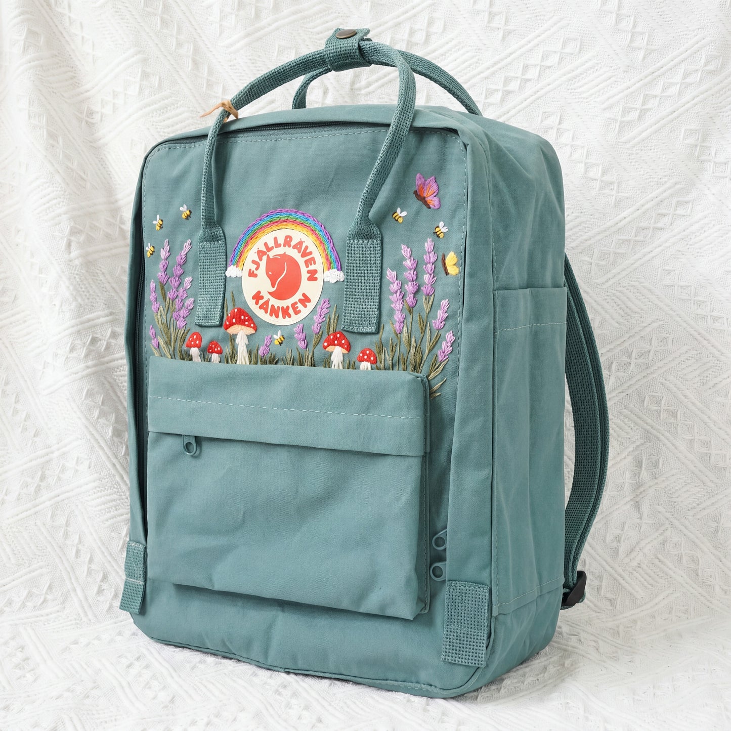 Embroidered Lavender Mushroom Fjallraven Kanken Backpack | Lavender Mushroom Cottagecore Backpack | Cute Rainbow Floral School Bag