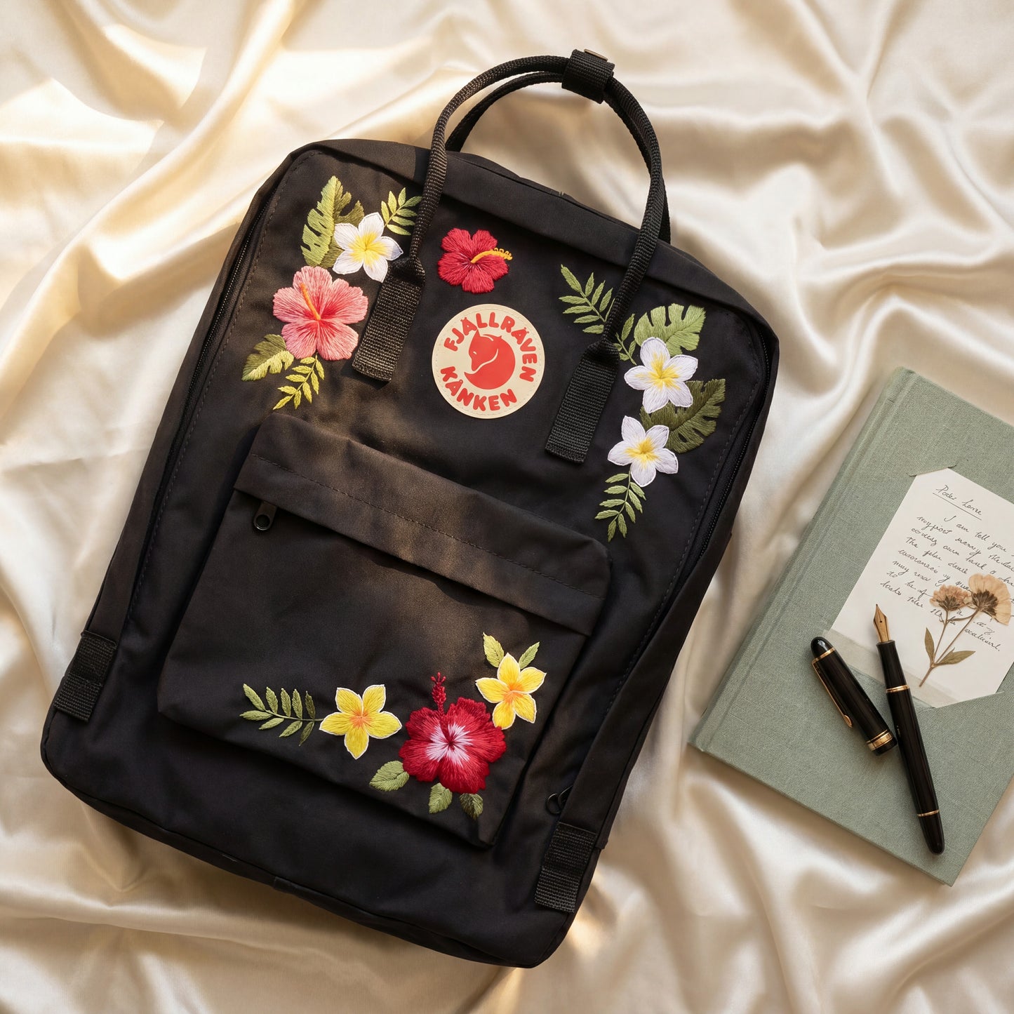 Tropical Floral Fjallraven Kanken Backpack | Hibiscus & Plumeria Embroidered Kanken Bag | Handmade Tropical Style Backpack| Travel Backpack