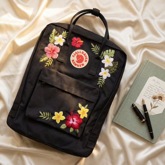 Tropical Floral Fjallraven Kanken Backpack | Hibiscus & Plumeria Embroidered Kanken Bag | Handmade Tropical Style Backpack| Travel Backpack