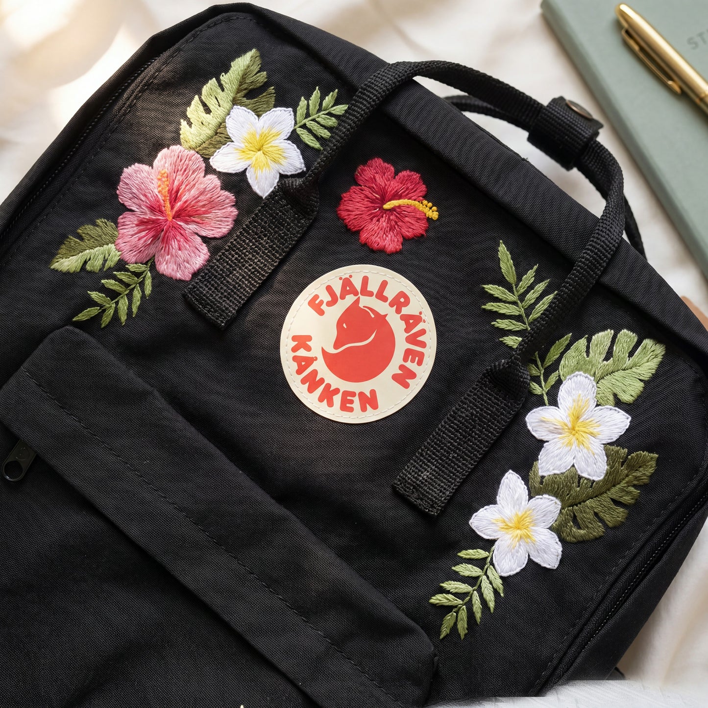Tropical Floral Fjallraven Kanken Backpack | Hibiscus & Plumeria Embroidered Kanken Bag | Handmade Tropical Style Backpack| Travel Backpack