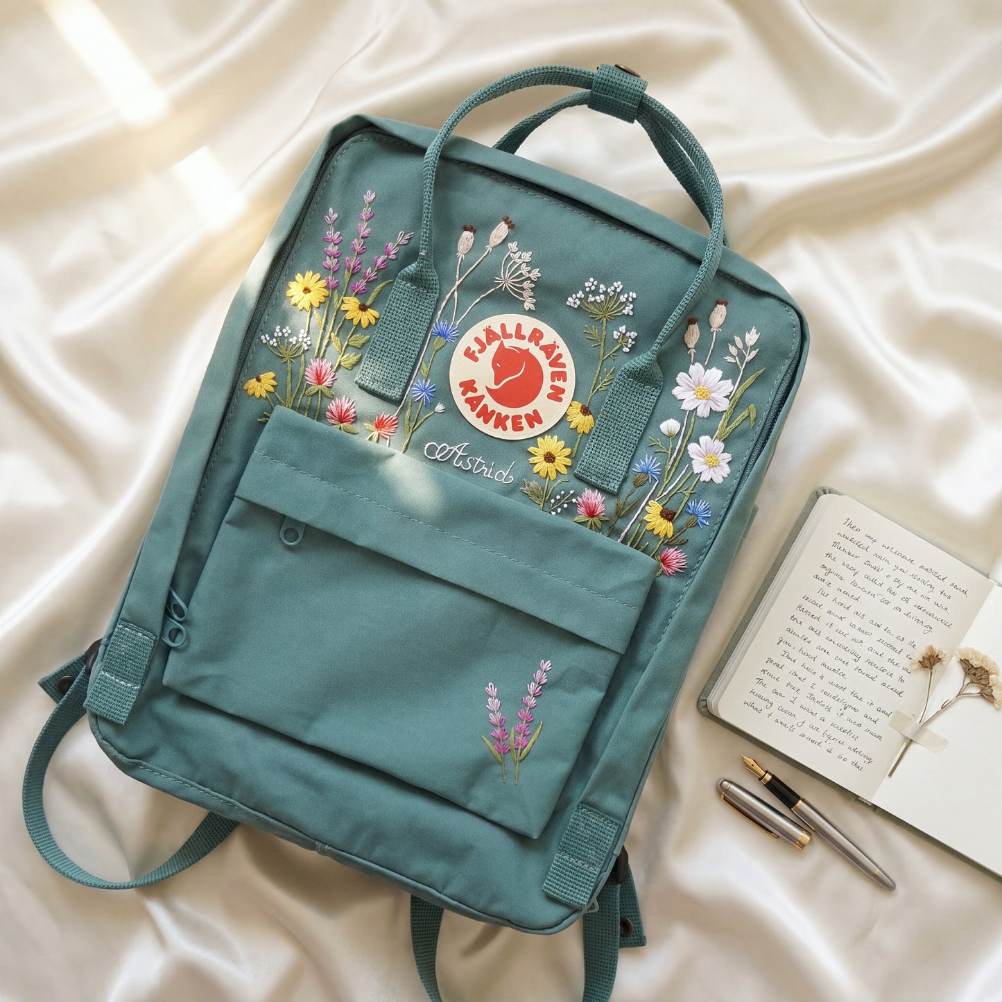 Custom Embroidered Fjallraven Kanken Backpack Wildflower | Fjallraven Kanken Travel Backpack| Handmade Cottagecore School Bag|Wildflower Bag