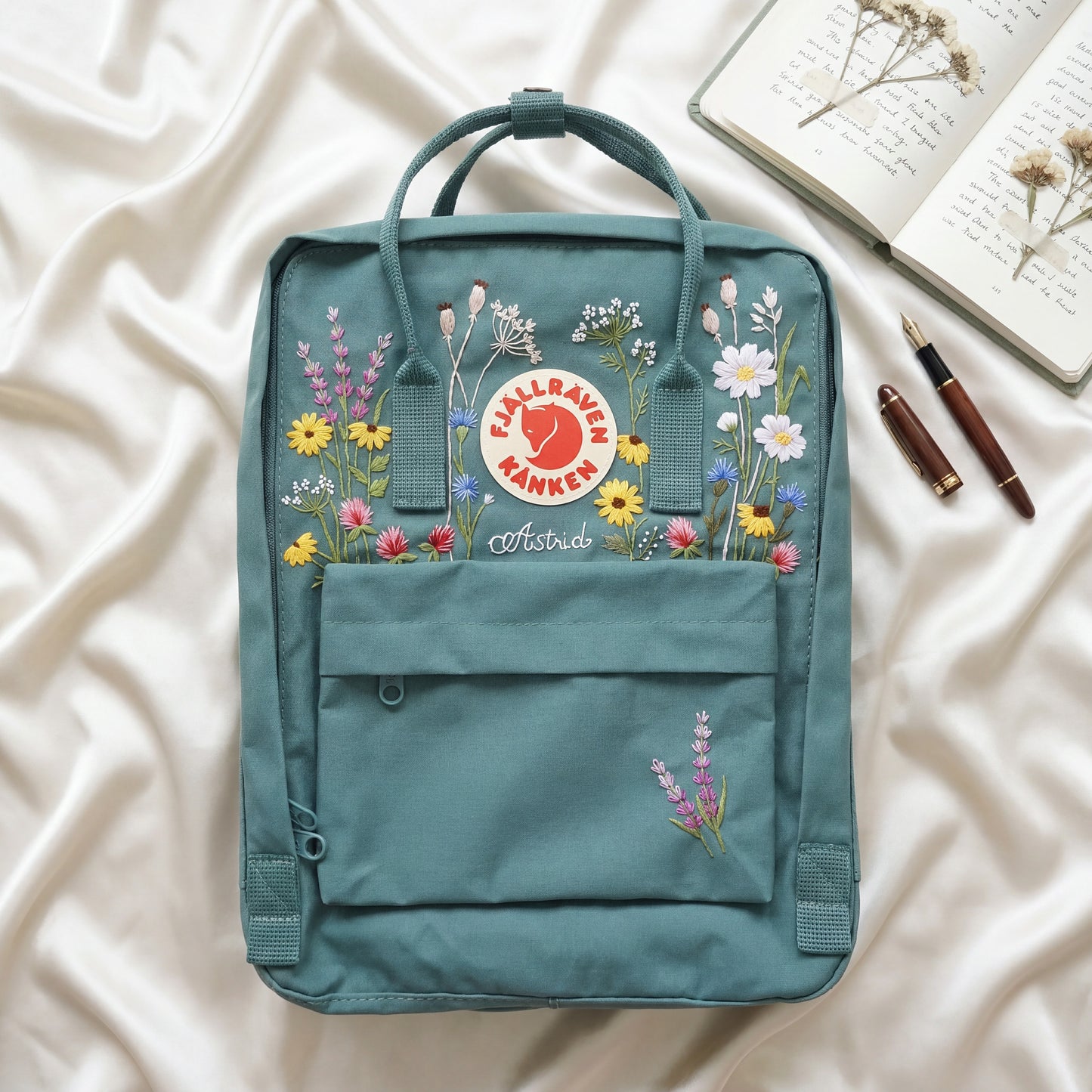 Custom Embroidered Fjallraven Kanken Backpack Wildflower | Fjallraven Kanken Travel Backpack| Handmade Cottagecore School Bag|Wildflower Bag