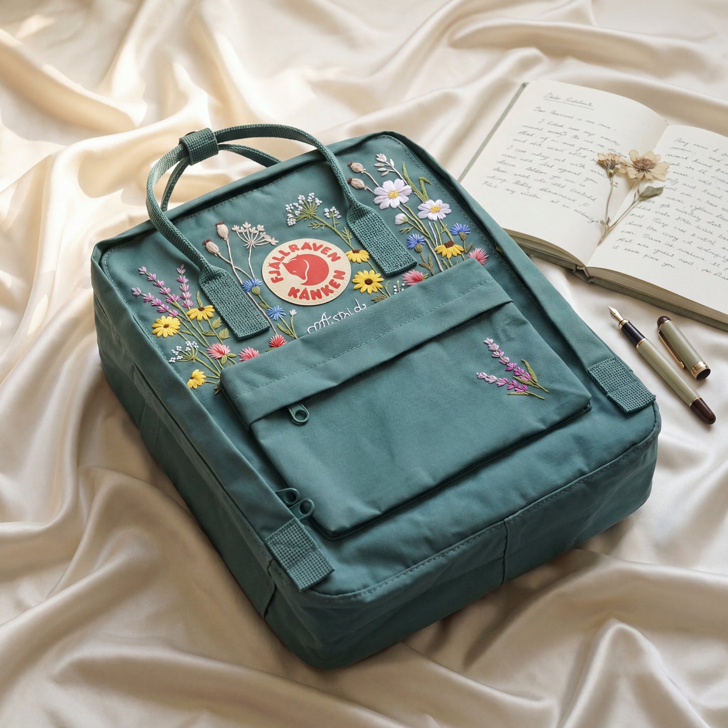 Custom Embroidered Fjallraven Kanken Backpack Wildflower | Fjallraven Kanken Travel Backpack| Handmade Cottagecore School Bag|Wildflower Bag