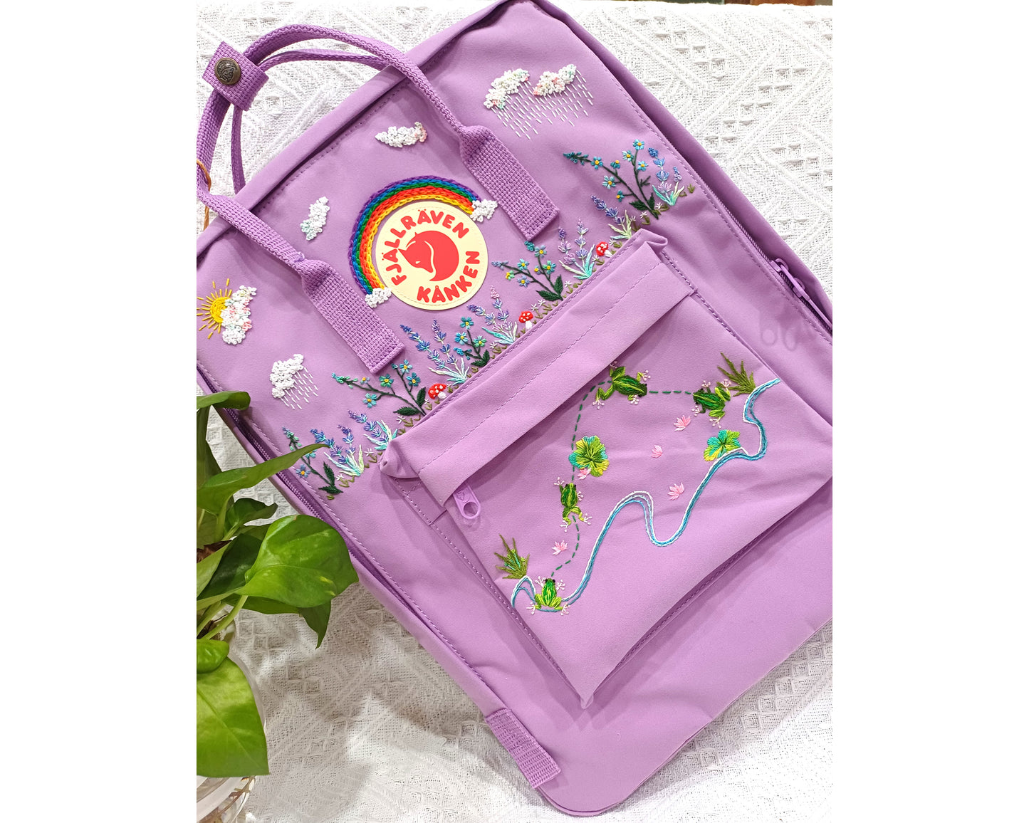 Custom Fjallraven Kanken Backpack – Rainy Landscape & Dancing Frogs Embroidery - Personalized Embroidered Backpack - Custom Bag for Women