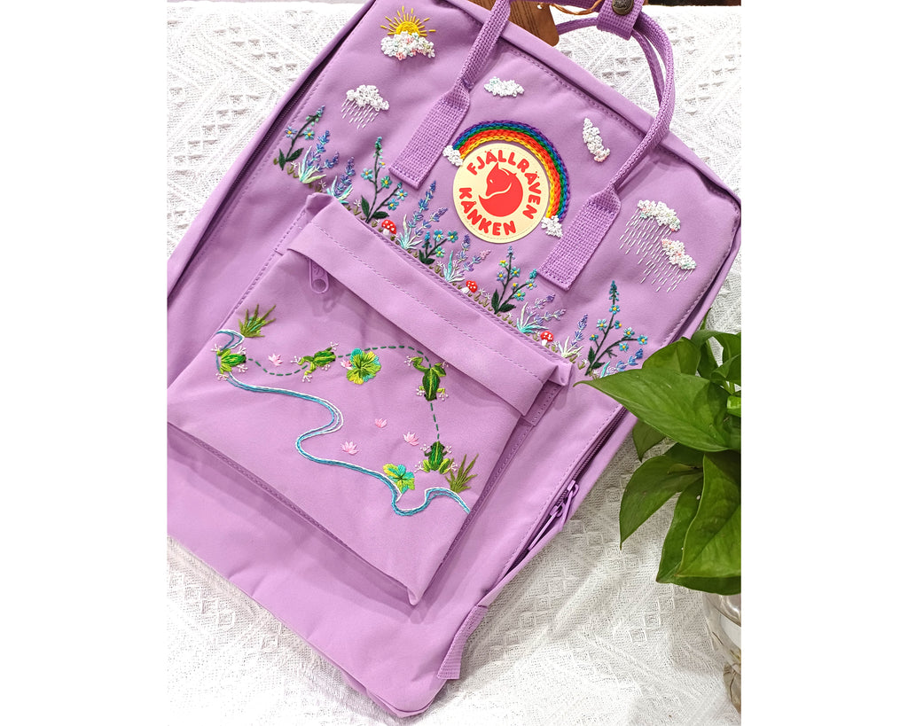  Custom Fjallraven Kanken Backpack – Rainy Landscape & Dancing Frogs Embroidery - Personalized Embroidered Backpack - Custom Bag for Women 