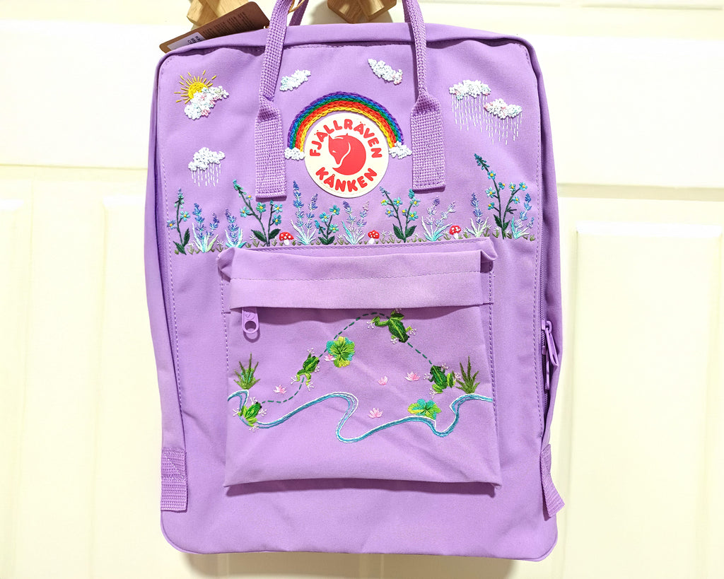  Custom Fjallraven Kanken Backpack – Rainy Landscape & Dancing Frogs Embroidery - Personalized Embroidered Backpack - Custom Bag for Women 