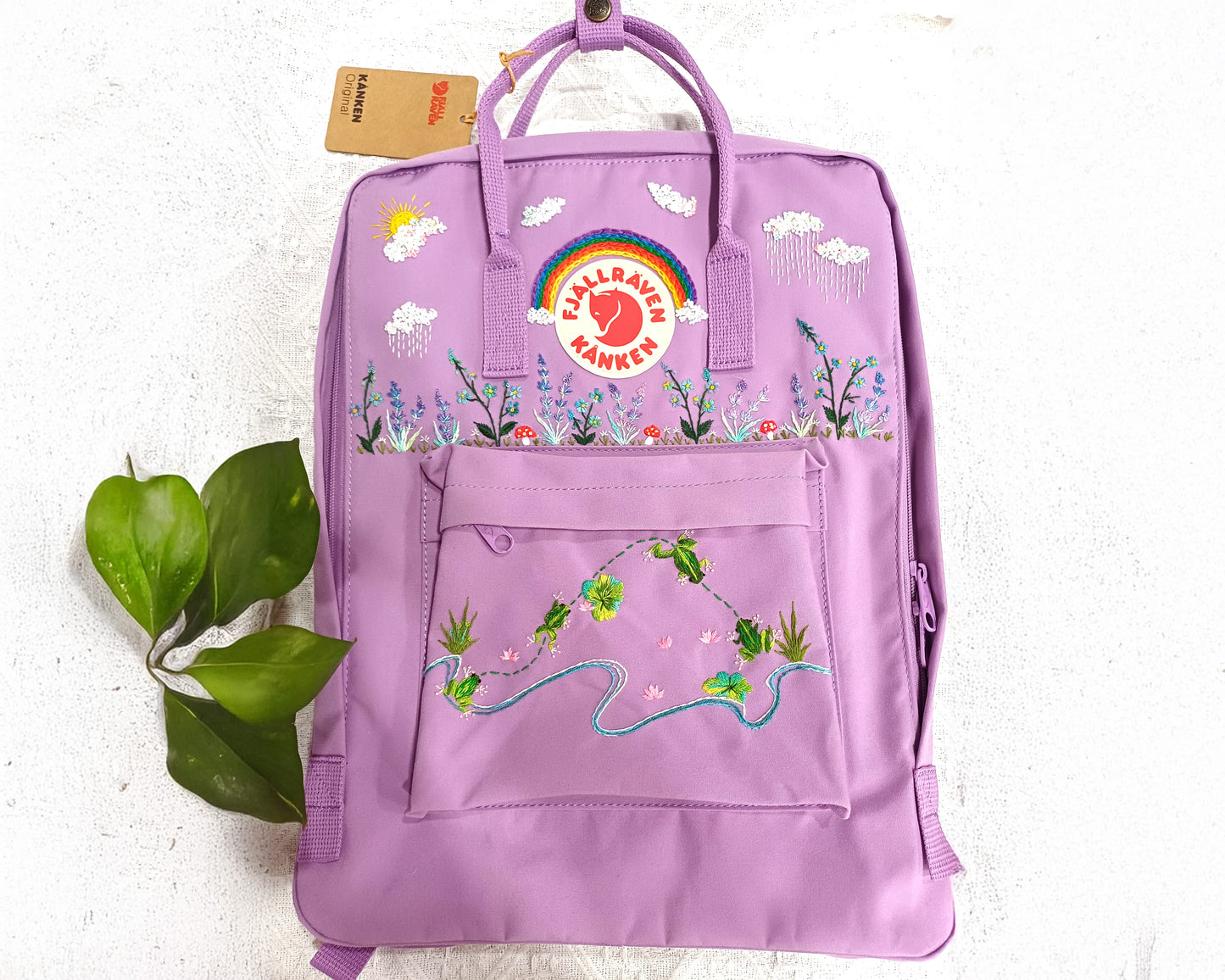 Custom Fjallraven Kanken Backpack – Rainy Landscape & Dancing Frogs Embroidery - Personalized Embroidered Backpack - Custom Bag for Women
