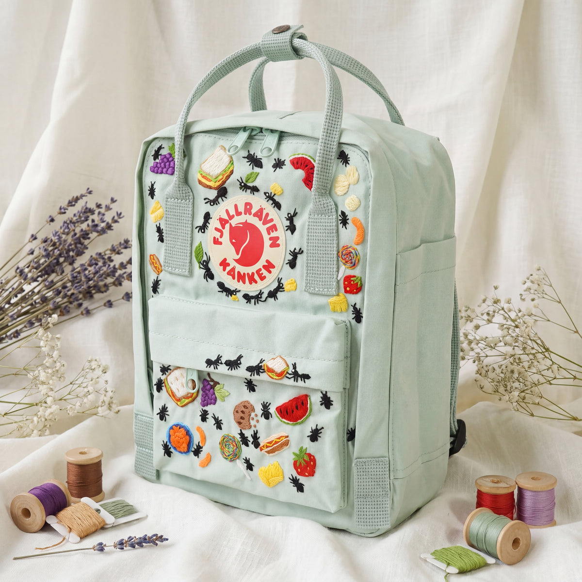 Fjallraven Kanken Hand Embroidered Picnic Backpack | Cute Food and Ants Bag | Outdoor Picnic Vibe Backpack | Unique Picnic Gift