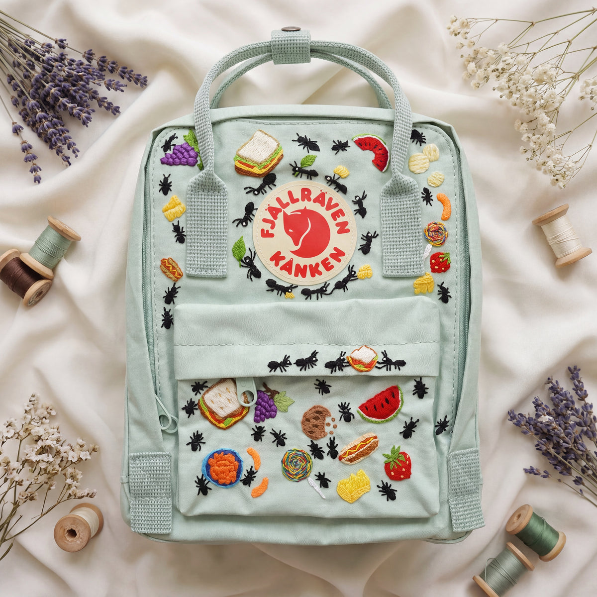 Fjallraven Kanken Hand Embroidered Picnic Backpack | Cute Food and Ants Bag | Outdoor Picnic Vibe Backpack | Unique Picnic Gift