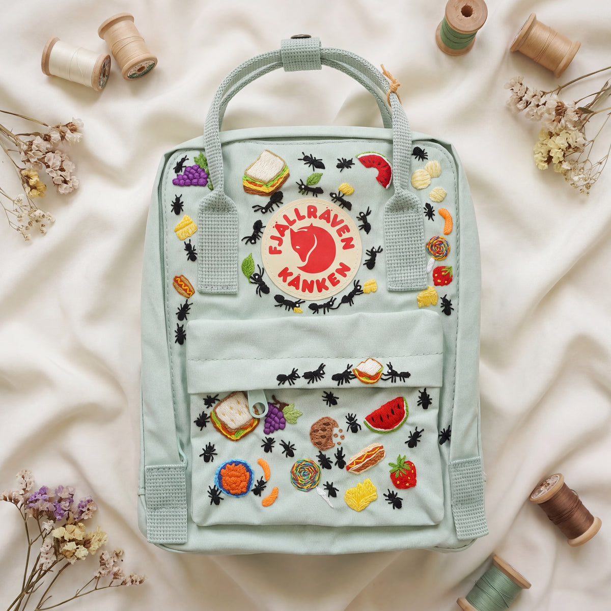 Fjallraven Kanken Hand Embroidered Picnic Backpack | Cute Food and Ants Bag | Outdoor Picnic Vibe Backpack | Unique Picnic Gift