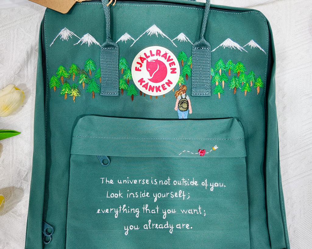  Fjallraven Kanken Backpack with Hiking Girl, Pine Mountain Forest and Quote Embroidery - Personalized Embroidered Backpack - Custom Bag for Women 