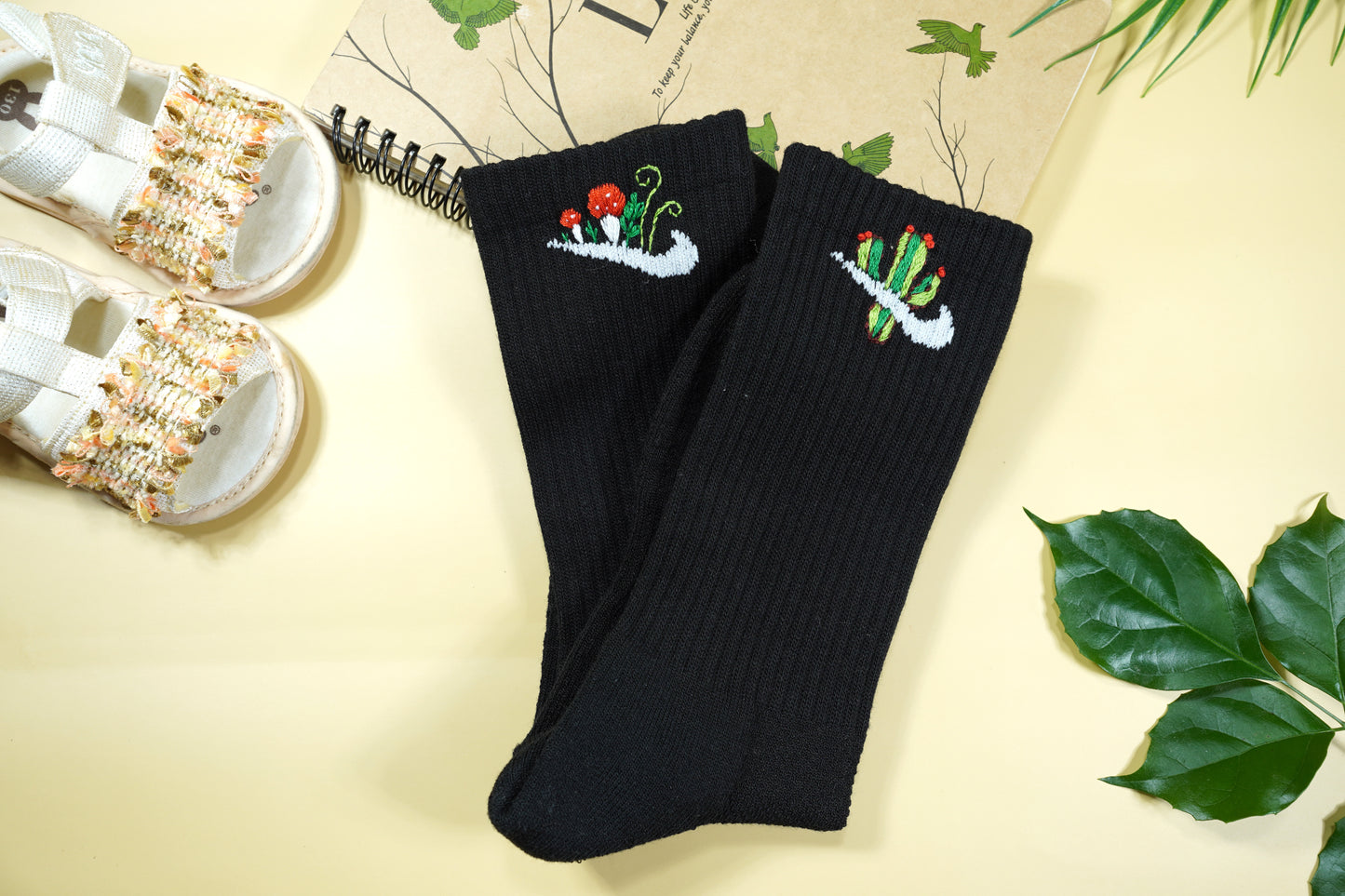 Hand-embroidered socks with cactus and mushrooms