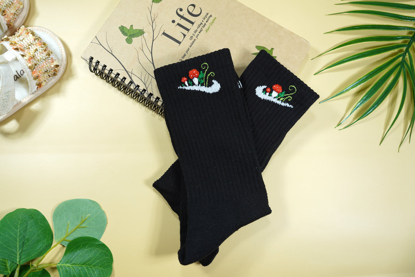 Hand-embroidered socks with cactus and mushrooms