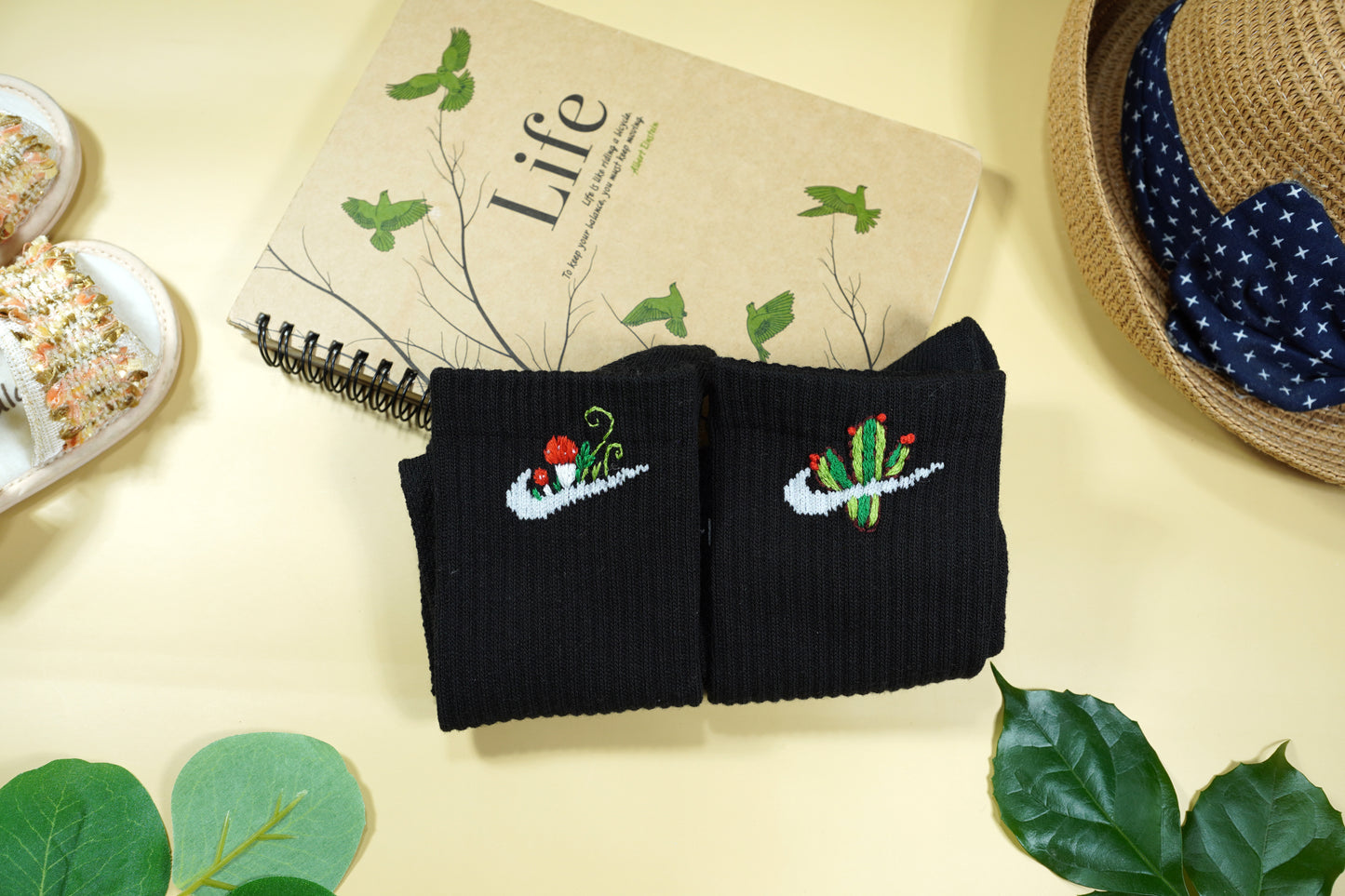 Hand-embroidered socks with cactus and mushrooms