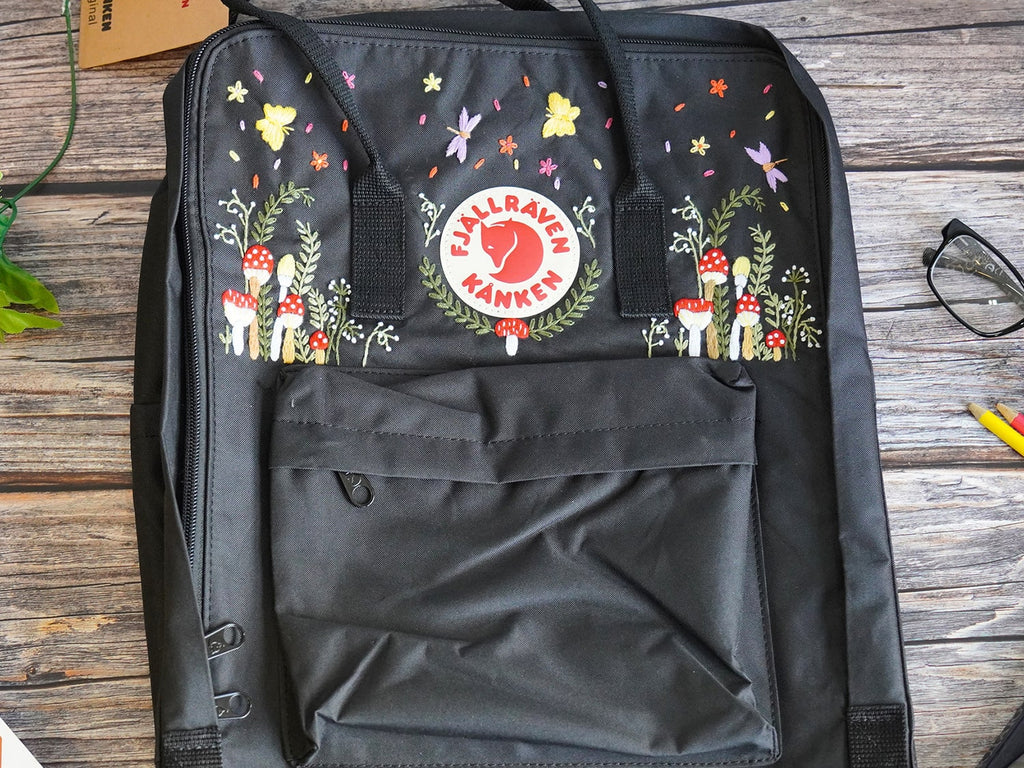  Fjallraven kanken backpack embroidered with mushrooms and butterflies 