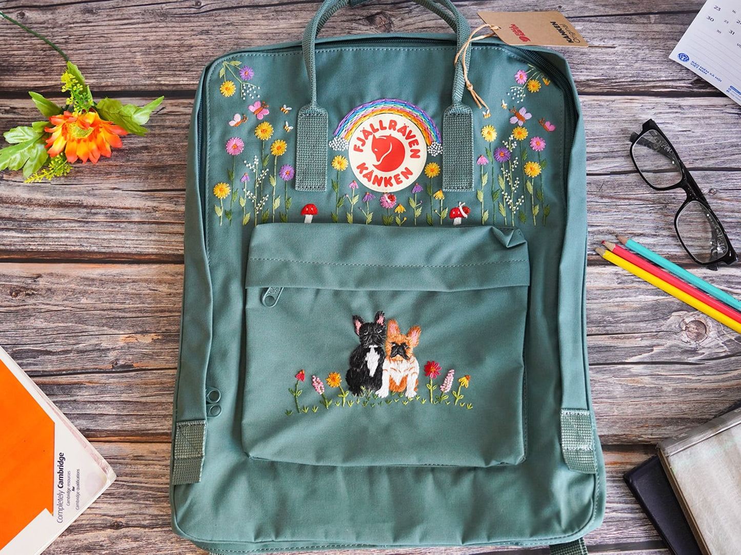 Custom dog embroidery pattern on fjallraven kanken backpack