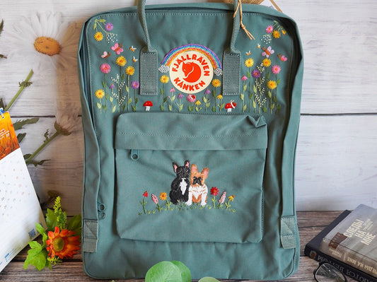 Custom dog embroidery pattern on fjallraven kanken backpack