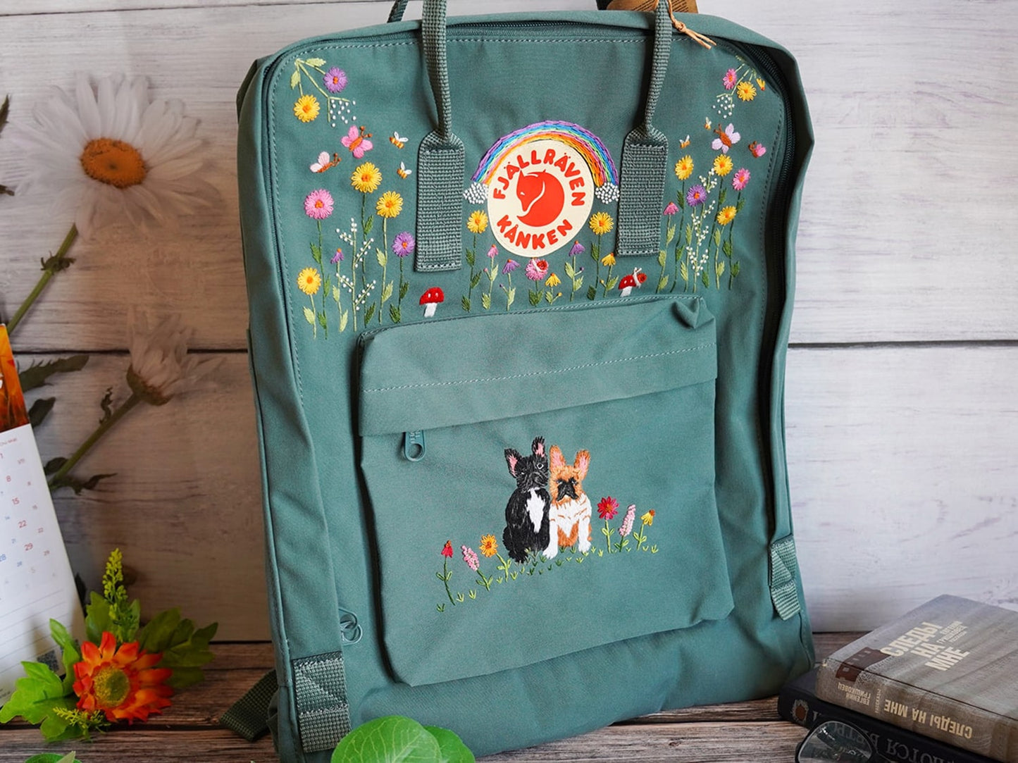 Custom dog embroidery pattern on fjallraven kanken backpack