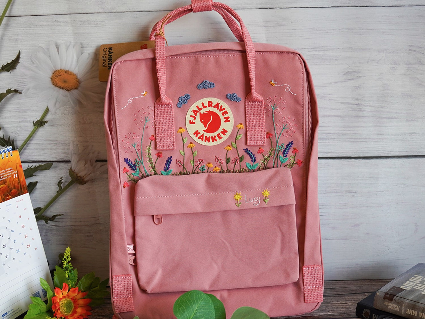 Wildflower embroidery design on fjallraven kanken backpack