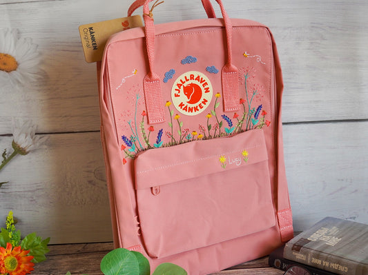 Wildflower embroidery design on fjallraven kanken backpack