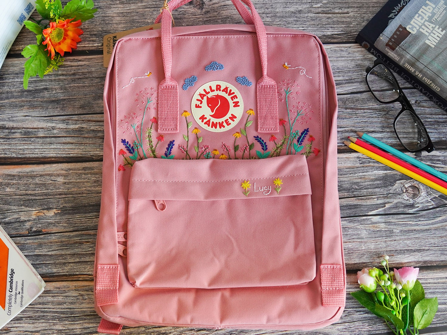 Wildflower embroidery design on fjallraven kanken backpack