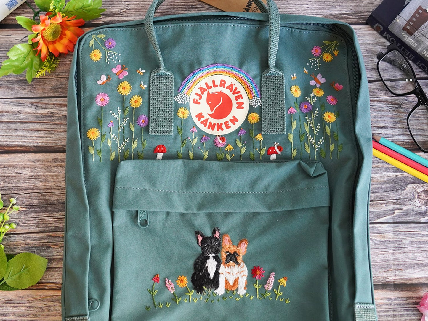 Custom dog embroidery pattern on fjallraven kanken backpack