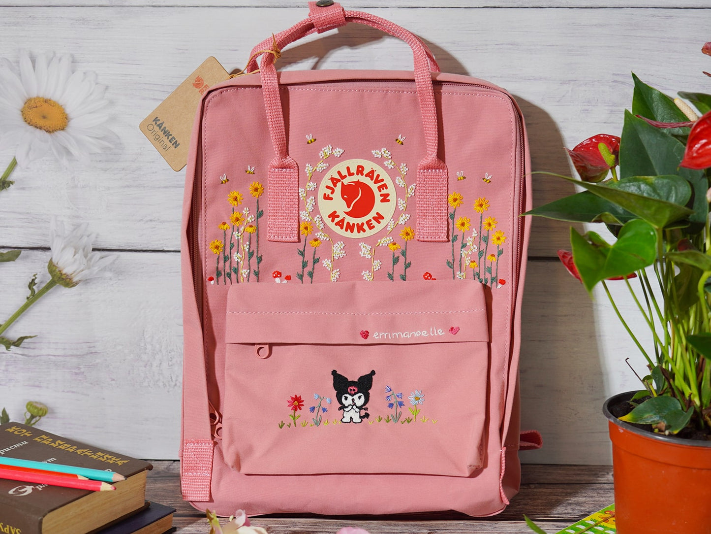 Kuromi embroidery design on fjallraven kanken backpack, Kuromi embroidery