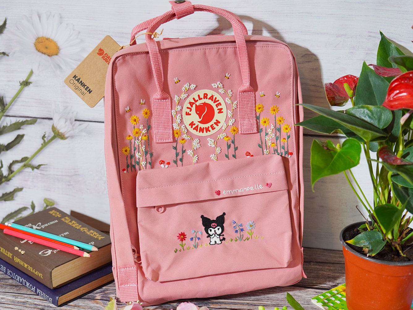 Kuromi embroidery design on fjallraven kanken backpack, Kuromi embroidery