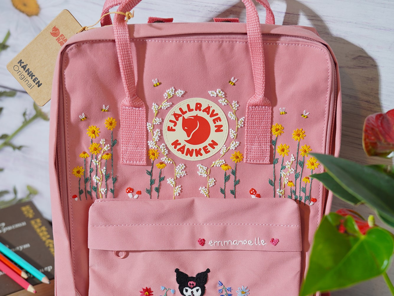 Kuromi embroidery design on fjallraven kanken backpack, Kuromi embroidery