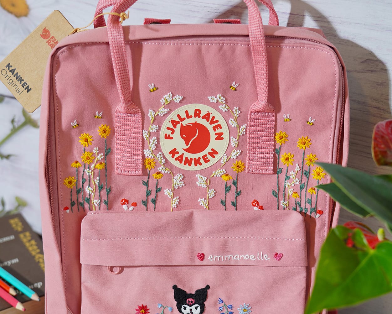 Custom Fjallraven Kanken Backpack – Sunflowers, Daisies & Cartoon Design - Personalized Embroidered Backpack - Custom Bag for Women