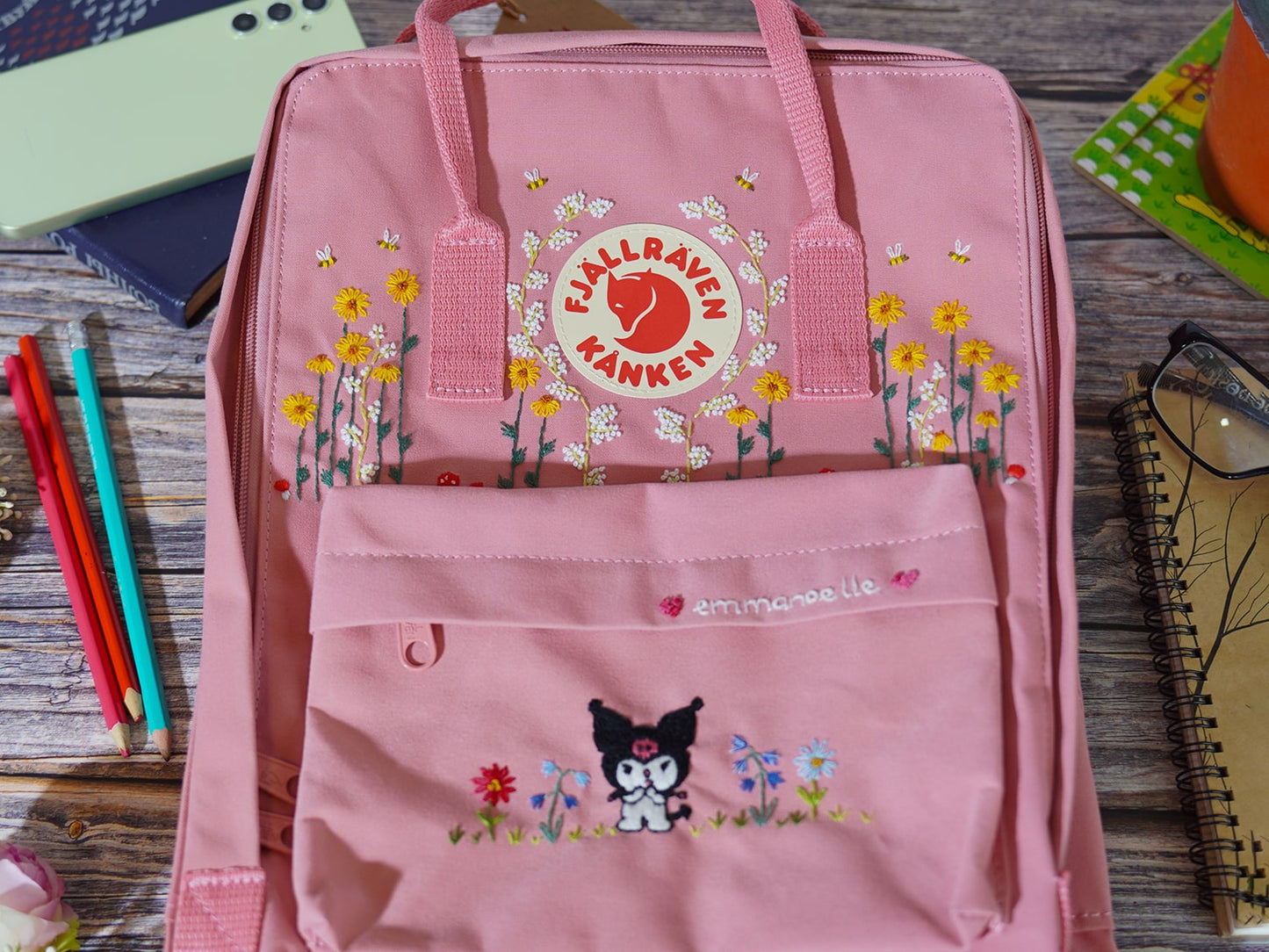 Kuromi embroidery design on fjallraven kanken backpack, Kuromi embroidery