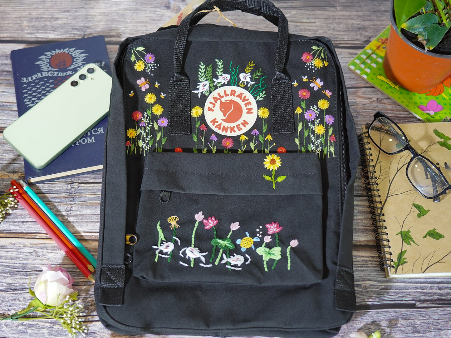 Fjallraven Kanken backpack embroidered with lotus and koi fish/ Lotus embroidered on fjallraven kanken backpack