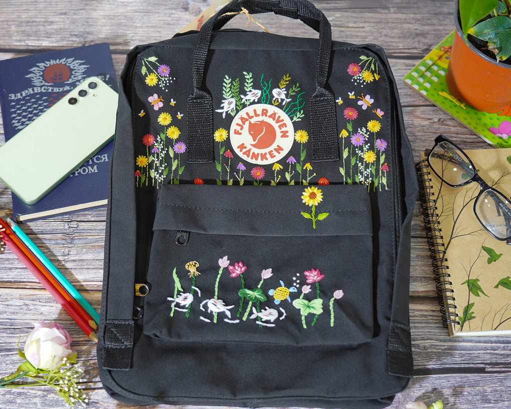  Custom Kanken Backpack – Multicolor Sunflowers & Koi Fish Embroidery - Personalized Embroidered Backpack - Custom Bag for Women 