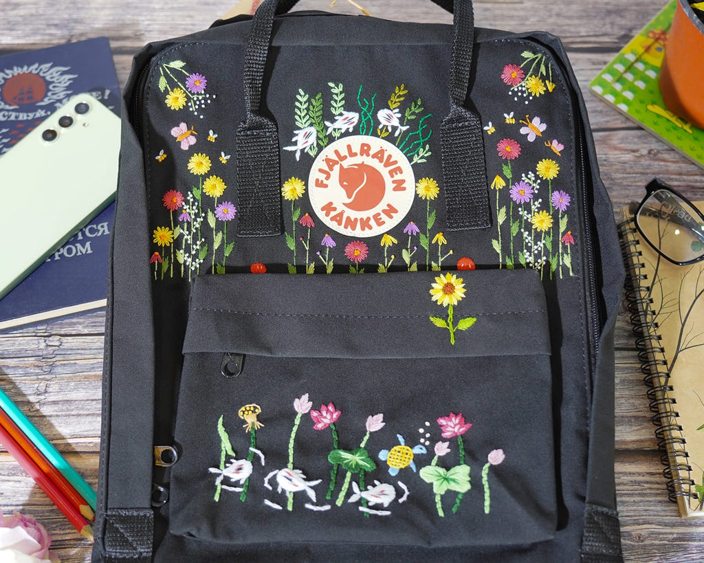  Custom Kanken Backpack – Multicolor Sunflowers & Koi Fish Embroidery - Personalized Embroidered Backpack - Custom Bag for Women 