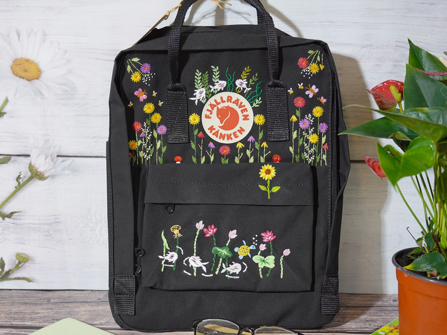 Fjallraven Kanken backpack embroidered with lotus and koi fish/ Lotus embroidered on fjallraven kanken backpack