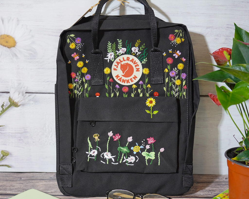  Custom Kanken Backpack – Multicolor Sunflowers & Koi Fish Embroidery - Personalized Embroidered Backpack - Custom Bag for Women 