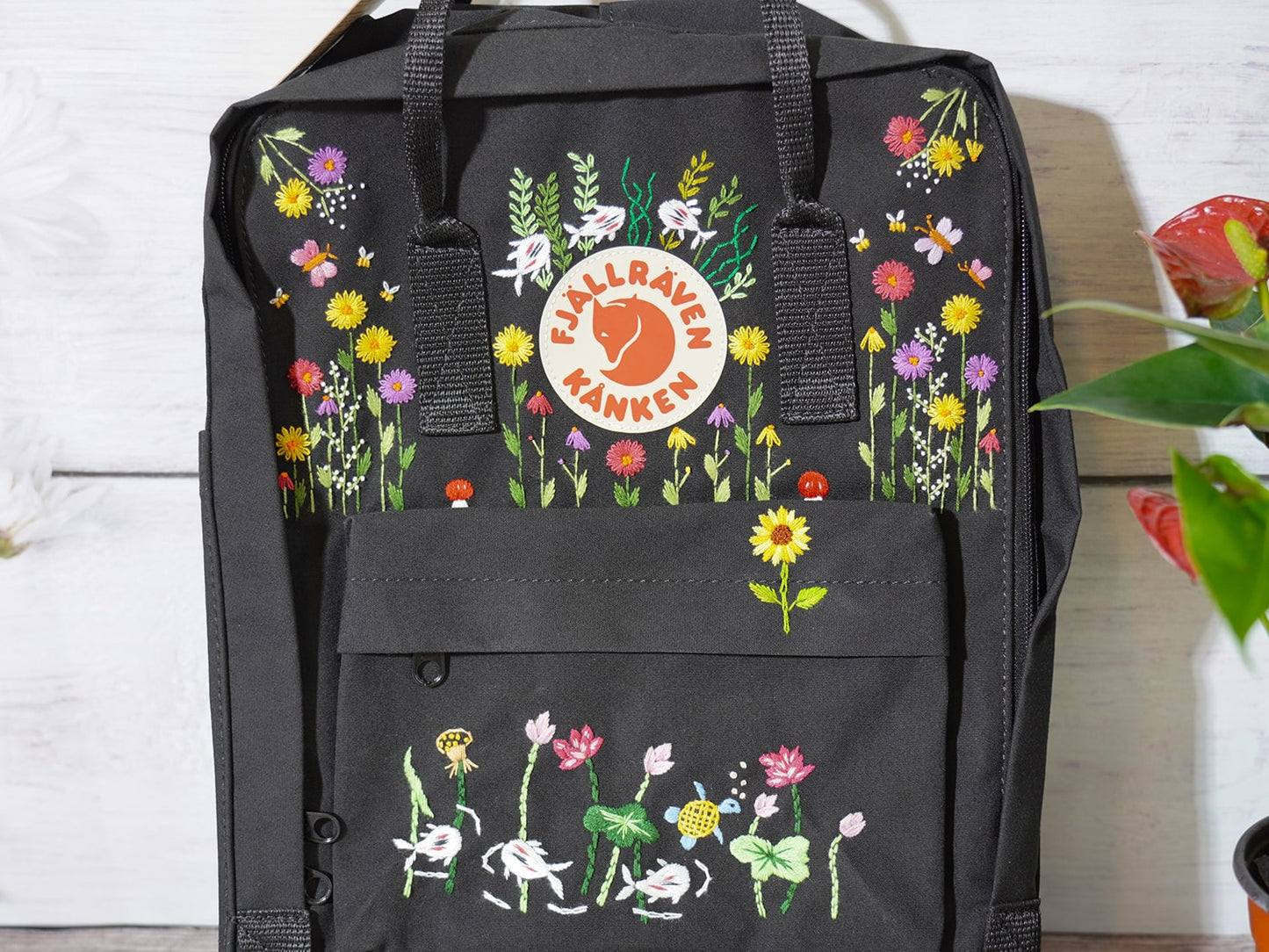 Fjallraven Kanken backpack embroidered with lotus and koi fish/ Lotus embroidered on fjallraven kanken backpack