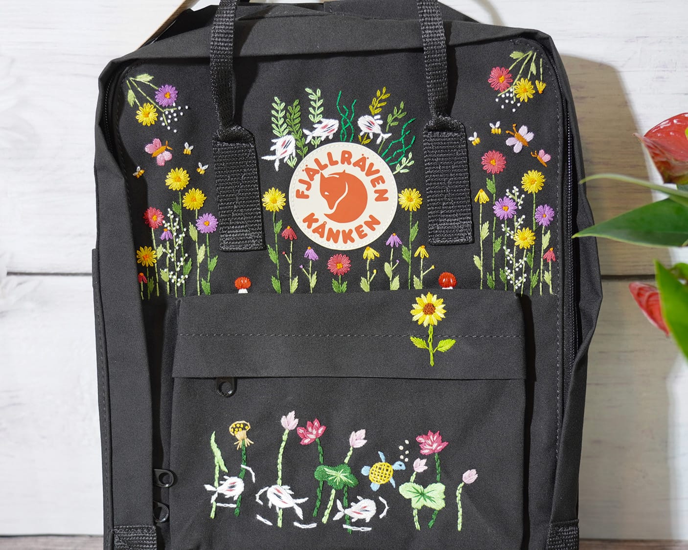Custom Kanken Backpack – Multicolor Sunflowers & Koi Fish Embroidery - Personalized Embroidered Backpack - Custom Bag for Women